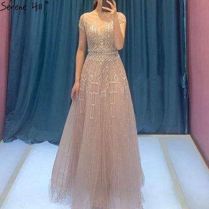 Pink A-Line Luxury Beading Sparkle Evening Dresses 2025 Dubai O-Neck Cap Sleeves Formal Dress Serene Hill LA70580 - SERENE HILL