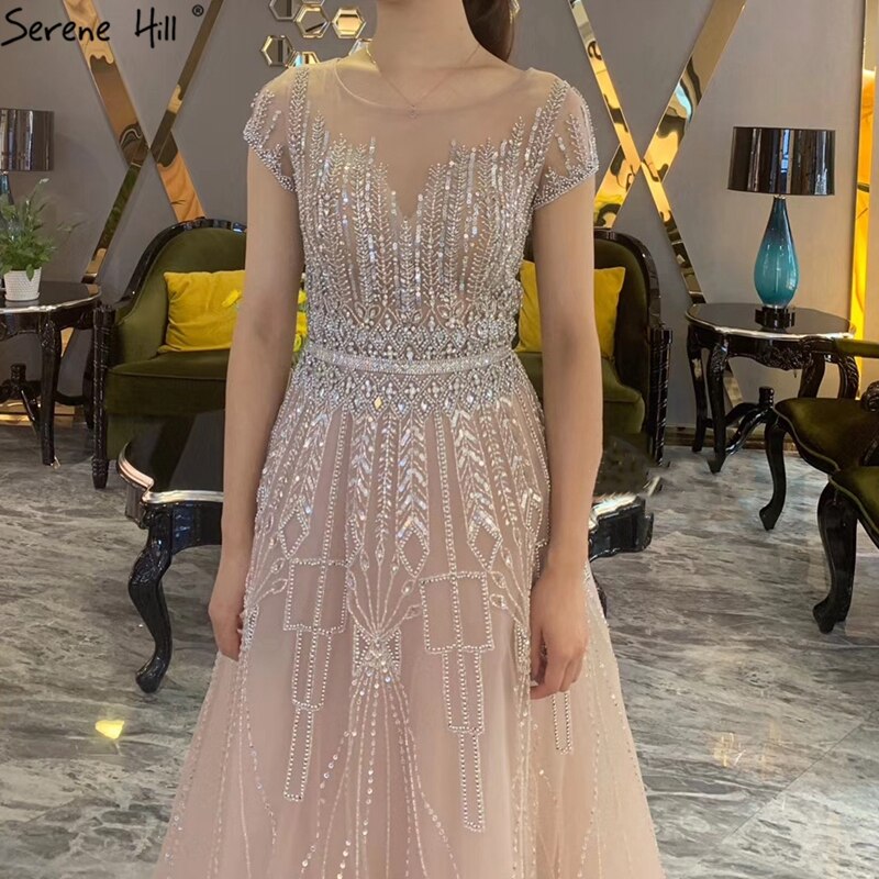 Pink A-Line Luxury Beading Sparkle Evening Dresses 2025 Dubai O-Neck Cap Sleeves Formal Dress Serene Hill LA70580 - SERENE HILL