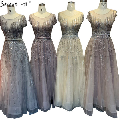 Pink A-Line Luxury Beading Sparkle Evening Dresses 2025 Dubai O-Neck Cap Sleeves Formal Dress Serene Hill LA70580 - SERENE HILL