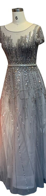 Pink A-Line Luxury Beading Sparkle Evening Dresses 2025 Dubai O-Neck Cap Sleeves Formal Dress Serene Hill LA70580 - SERENE HILL
