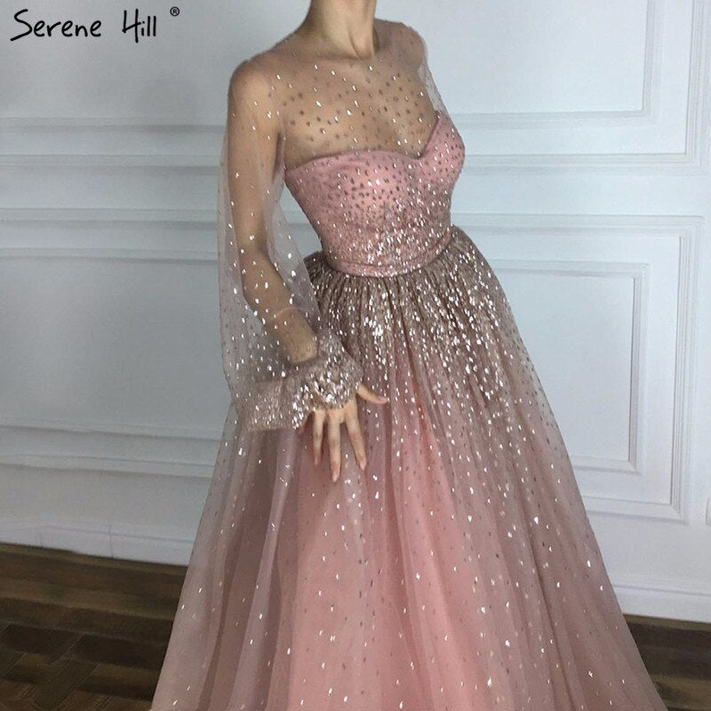 On Sale No Return No Refund Pink Glitter Longer Sleeves Sexy A-line Evening Dresses 2025 O-Neck Fashion Tulle Evening Gown Real Photo LA6344 - SERENE HILL