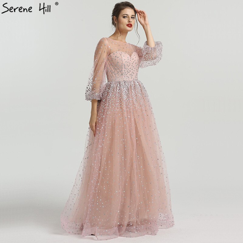 On Sale No Return No Refund Pink Glitter Longer Sleeves Sexy A-line Evening Dresses 2025 O-Neck Fashion Tulle Evening Gown Real Photo LA6344 - SERENE HILL