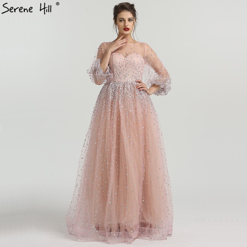 On Sale No Return No Refund Pink Glitter Longer Sleeves Sexy A-line Evening Dresses 2025 O-Neck Fashion Tulle Evening Gown Real Photo LA6344 - SERENE HILL
