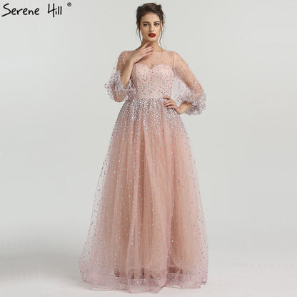 On Sale No Return No Refund Pink Glitter Longer Sleeves Sexy A-line Evening Dresses 2025 O-Neck Fashion Tulle Evening Gown Real Photo LA6344 - SERENE HILL