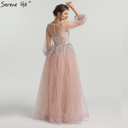 On Sale No Return No Refund Pink Glitter Longer Sleeves Sexy A-line Evening Dresses 2025 O-Neck Fashion Tulle Evening Gown Real Photo LA6344 - SERENE HILL
