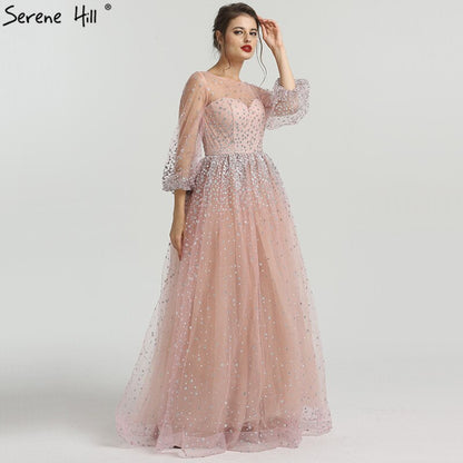 On Sale No Return No Refund Pink Glitter Longer Sleeves Sexy A-line Evening Dresses 2025 O-Neck Fashion Tulle Evening Gown Real Photo LA6344 - SERENE HILL