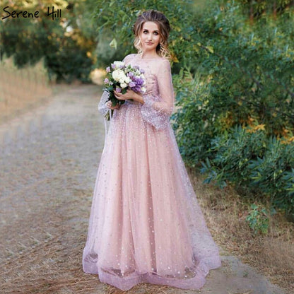 On Sale No Return No Refund Pink Glitter Longer Sleeves Sexy A-line Evening Dresses 2025 O-Neck Fashion Tulle Evening Gown Real Photo LA6344 - SERENE HILL