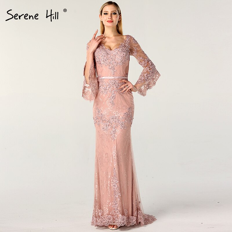 On Sale no return no refundSale Pink Lace Diamond Long Sleeves Evening Gowns Long V-Neck Sexy Evening Dress For Women 2025 Serene Hill LA60710 - SERENE HILL