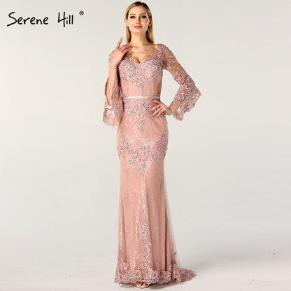 On Sale no return no refundSale Pink Lace Diamond Long Sleeves Evening Gowns Long V-Neck Sexy Evening Dress For Women 2025 Serene Hill LA60710 - SERENE HILL