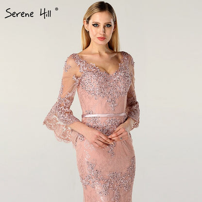 On Sale no return no refundSale Pink Lace Diamond Long Sleeves Evening Gowns Long V-Neck Sexy Evening Dress For Women 2025 Serene Hill LA60710 - SERENE HILL