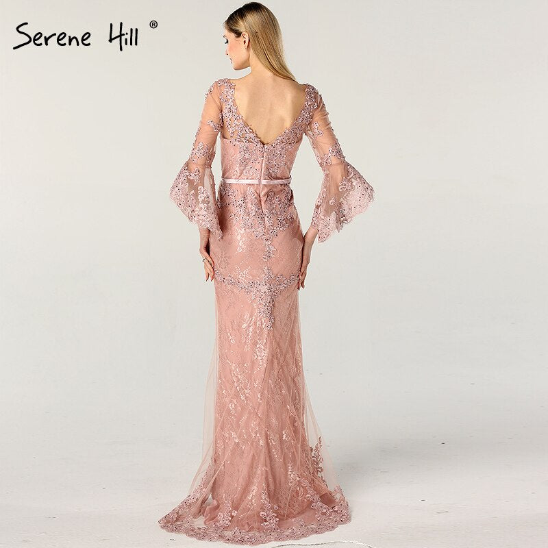 On Sale no return no refundSale Pink Lace Diamond Long Sleeves Evening Gowns Long V-Neck Sexy Evening Dress For Women 2025 Serene Hill LA60710 - SERENE HILL