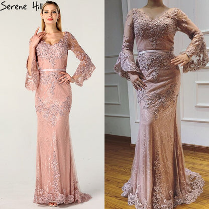 On Sale no return no refundSale Pink Lace Diamond Long Sleeves Evening Gowns Long V-Neck Sexy Evening Dress For Women 2025 Serene Hill LA60710 - SERENE HILL