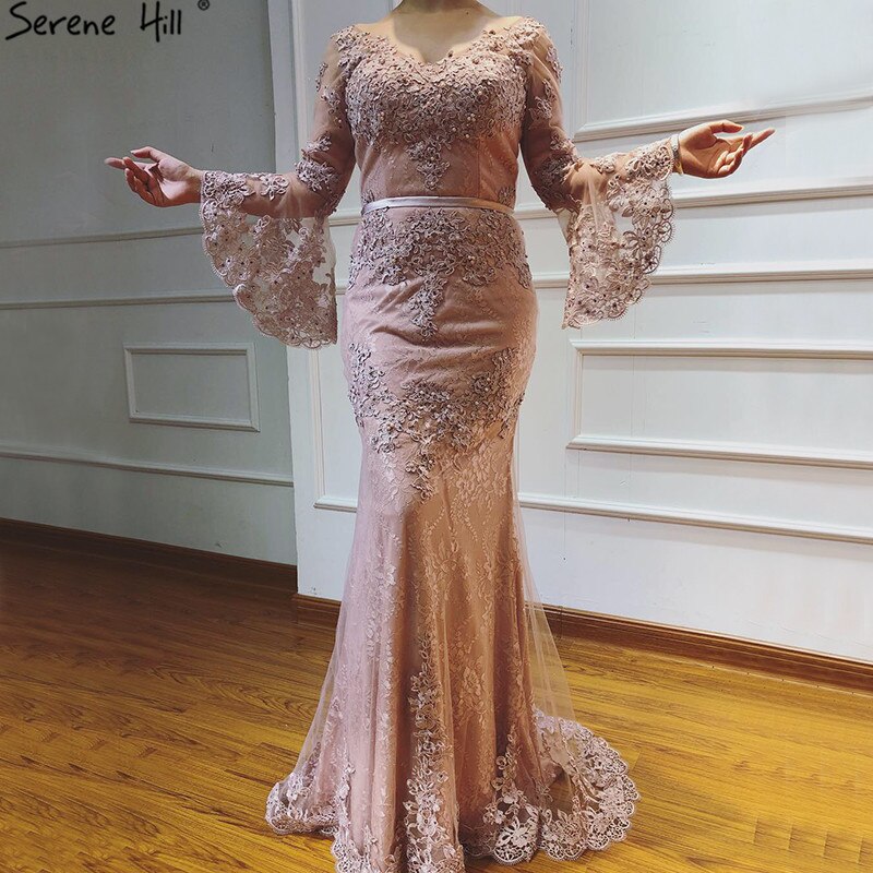On Sale no return no refundSale Pink Lace Diamond Long Sleeves Evening Gowns Long V-Neck Sexy Evening Dress For Women 2025 Serene Hill LA60710 - SERENE HILL