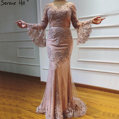 On Sale no return no refundSale Pink Lace Diamond Long Sleeves Evening Gowns Long V-Neck Sexy Evening Dress For Women 2025 Serene Hill LA60710 - SERENE HILL