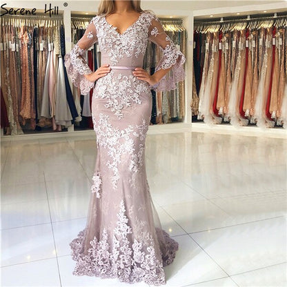 On Sale no return no refundSale Pink Lace Diamond Long Sleeves Evening Gowns Long V-Neck Sexy Evening Dress For Women 2025 Serene Hill LA60710 - SERENE HILL