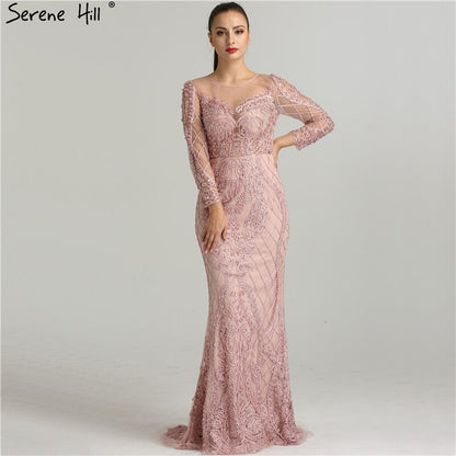 On Sale No Return No Refund Pink Long Sleeves Pearls Crystal Evening Gowns 2025 Mermaid Sexy Elegant Formal Evening Dress LA6274 Plus Size - SERENE HILL