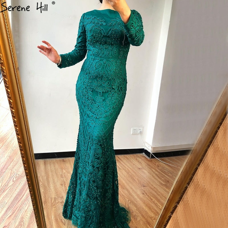 On Sale No Return No Refund Pink Long Sleeves Pearls Crystal Evening Gowns 2025 Mermaid Sexy Elegant Formal Evening Dress LA6274 Plus Size - SERENE HILL
