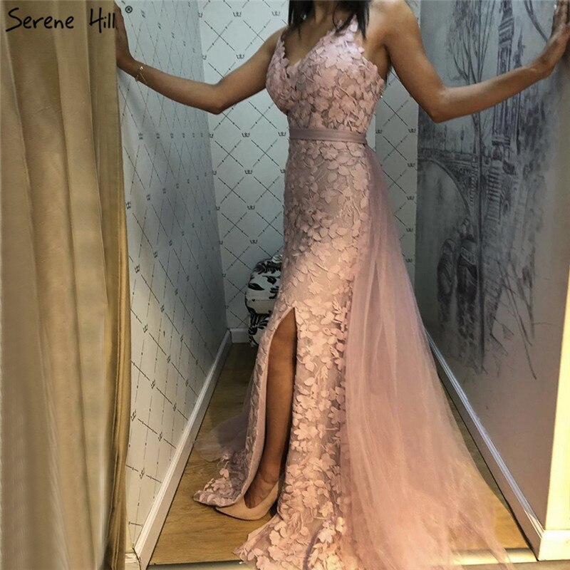 Pink Mermaid V-Neck Sexy Evening Dresses 2025 Handmade Flowers Sleeveless Tulle Formal Dress Serene Hill LA70431 - SERENE HILL