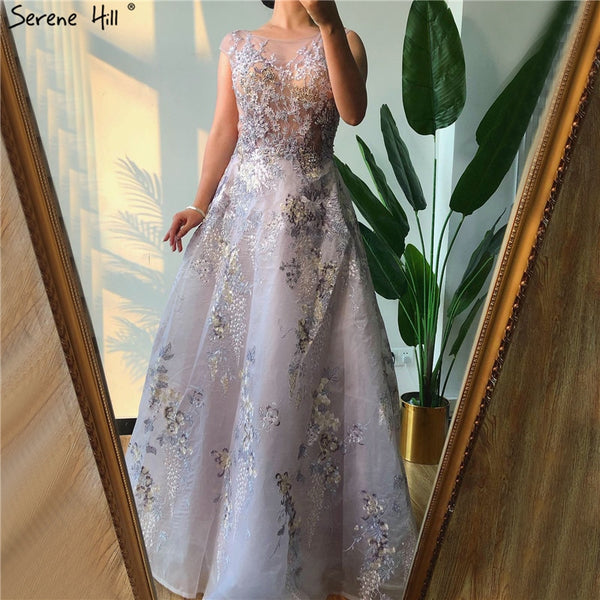On Sale no return no refundSale Pink O-Neck Handmade Flowers A-Line Evening Dresses 2025 Sleeveless Crystal A-Line Formal Dress Serene Hill LA70326