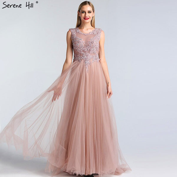 Pink O-Neck Pearls Crystal Sexy Evening Dresses A-Line Sleeveless Tulle Formal Dress 2025 Serene Hill LA60981