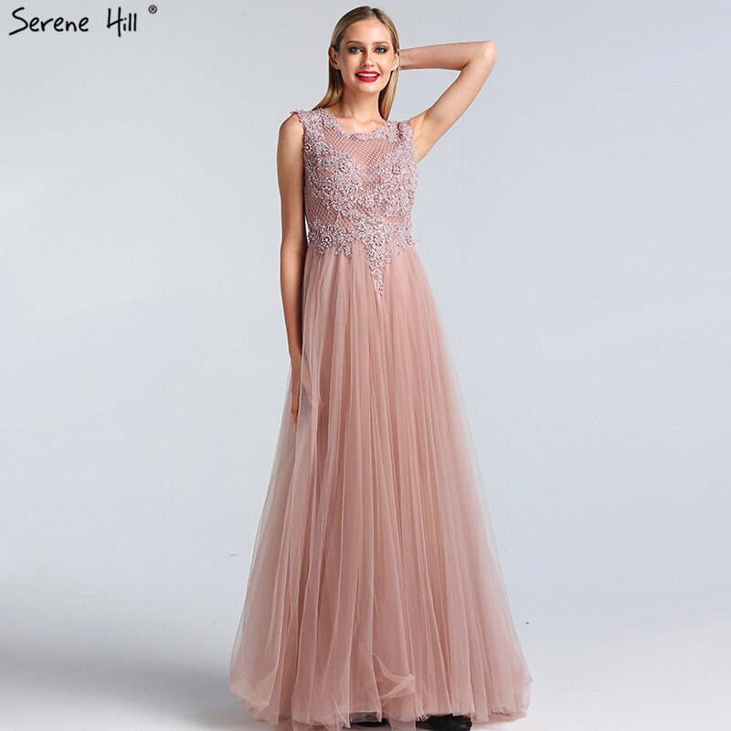 Pink O-Neck Pearls Crystal Sexy Evening Dresses A-Line Sleeveless Tulle Formal Dress 2025 Serene Hill LA60981 - SERENE HILL