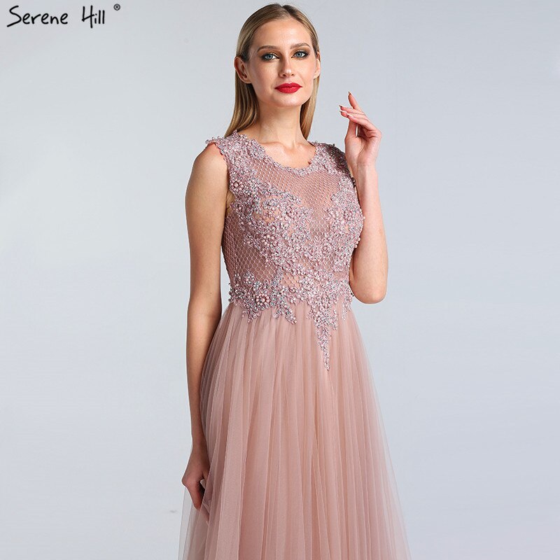 Pink O-Neck Pearls Crystal Sexy Evening Dresses A-Line Sleeveless Tulle Formal Dress 2025 Serene Hill LA60981 - SERENE HILL