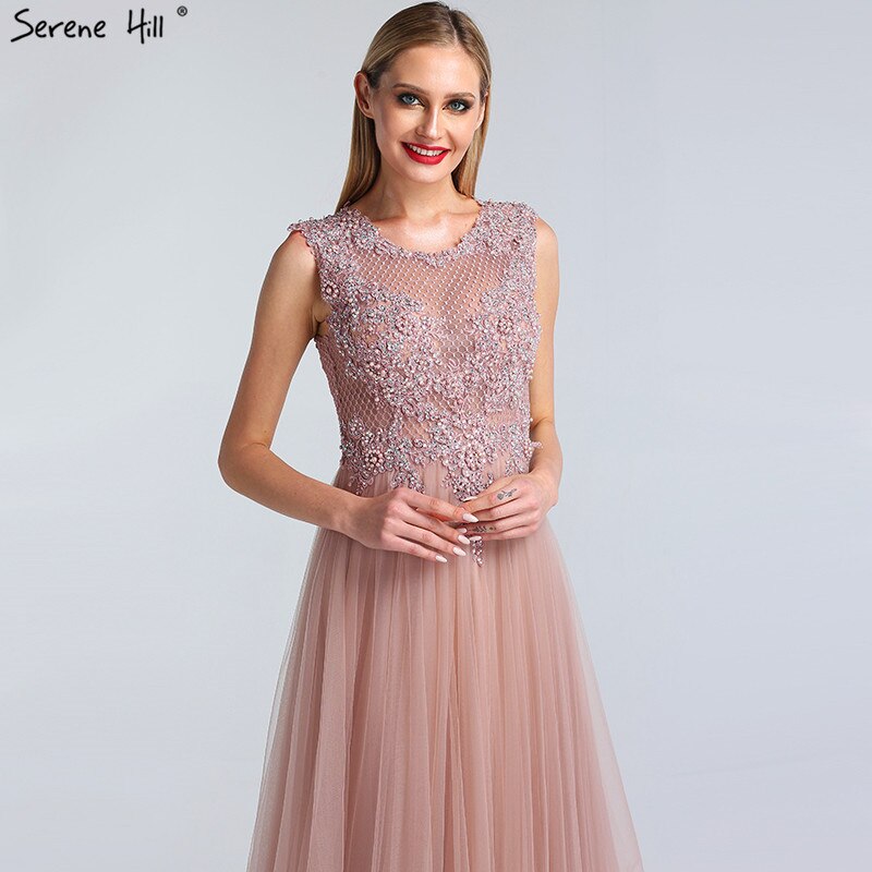 Pink O-Neck Pearls Crystal Sexy Evening Dresses A-Line Sleeveless Tulle Formal Dress 2025 Serene Hill LA60981 - SERENE HILL