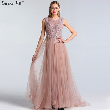 Pink O-Neck Pearls Crystal Sexy Evening Dresses A-Line Sleeveless Tulle Formal Dress 2025 Serene Hill LA60981 - SERENE HILL