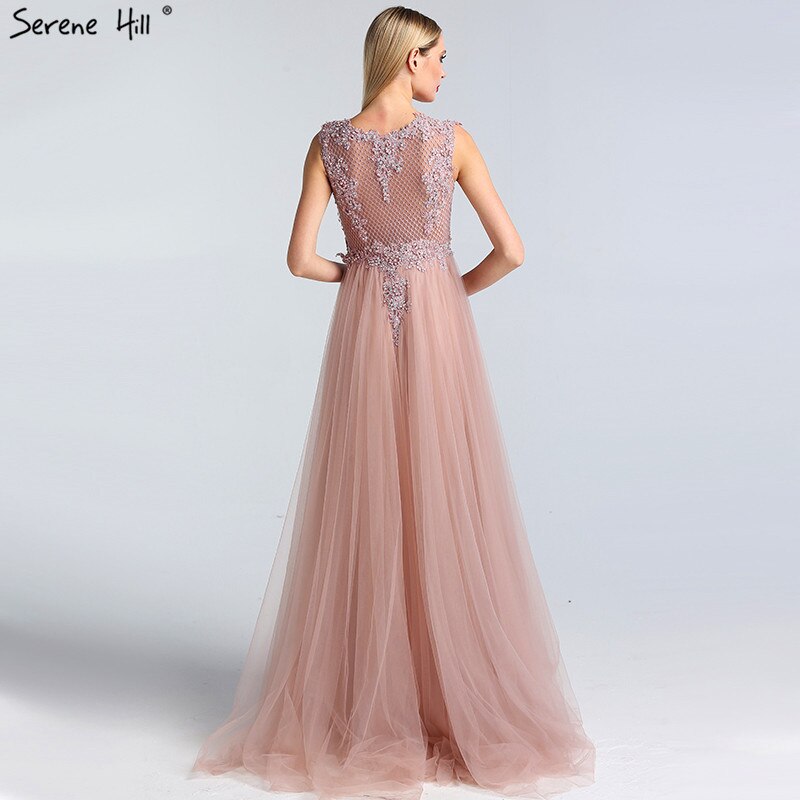 Pink O-Neck Pearls Crystal Sexy Evening Dresses A-Line Sleeveless Tulle Formal Dress 2025 Serene Hill LA60981 - SERENE HILL