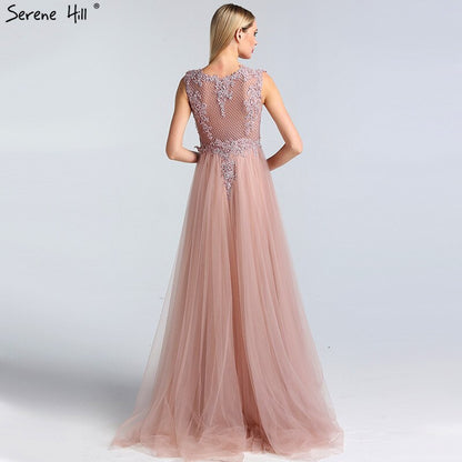 Pink O-Neck Pearls Crystal Sexy Evening Dresses A-Line Sleeveless Tulle Formal Dress 2025 Serene Hill LA60981 - SERENE HILL