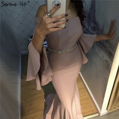 Sale Pink Off Shoulder Mermaid Sexy Evening Dressese Long Trumpet Sleeves Simple Evening Gowns 2025 Serene Hill LA70191 - SERENE HILL