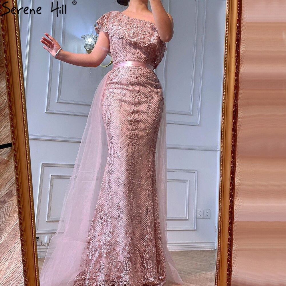 Pink One Shoulder Mermaid Sexy Evening Dresses 2025 Lace Pearls Sequins Elegant Formal Dress Serene Hill LA70386 - SERENE HILL