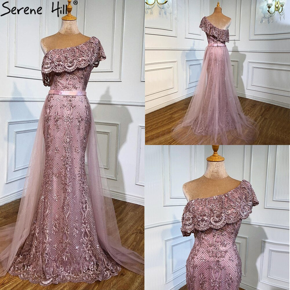 Pink One Shoulder Mermaid Sexy Evening Dresses 2025 Lace Pearls Sequins Elegant Formal Dress Serene Hill LA70386 - SERENE HILL