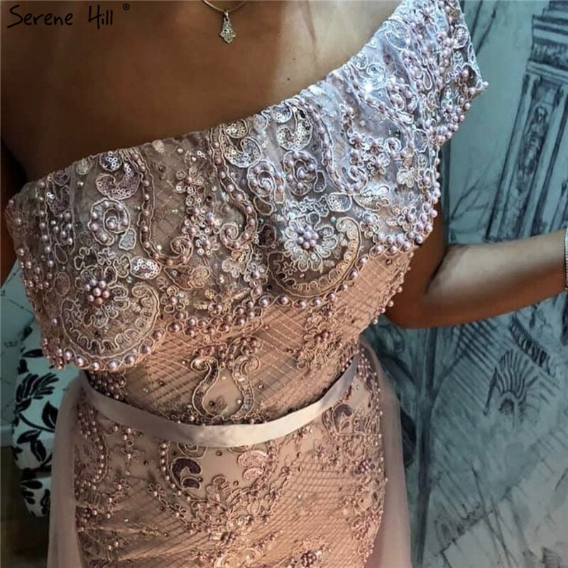 Pink One Shoulder Mermaid Sexy Evening Dresses 2025 Lace Pearls Sequins Elegant Formal Dress Serene Hill LA70386 - SERENE HILL
