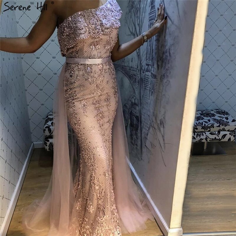 Pink One Shoulder Mermaid Sexy Evening Dresses 2025 Lace Pearls Sequins Elegant Formal Dress Serene Hill LA70386 - SERENE HILL