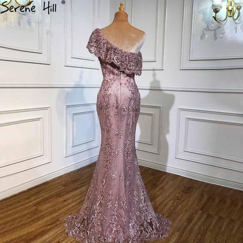 Pink One Shoulder Mermaid Sexy Evening Dresses 2025 Lace Pearls Sequins Elegant Formal Dress Serene Hill LA70386 - SERENE HILL