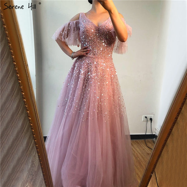 Pink Short Sleeve Sexy A-Line Formal Dresses Design 2025 Sparkle Beading Sequined Evening Gowns Real Photo LA70075