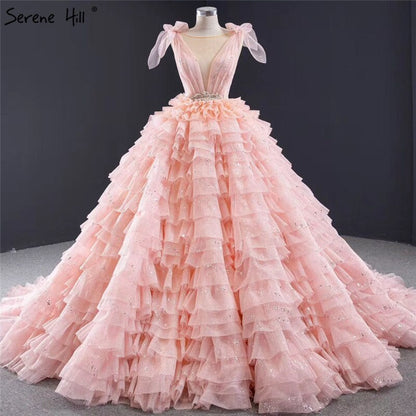 Pink Sleeveless Bow Tiered Sexy Wedding Dresses 2025 Sequined Sparkle Lace Up Bridal Gowns HM67033 Custom Made - SERENE HILL