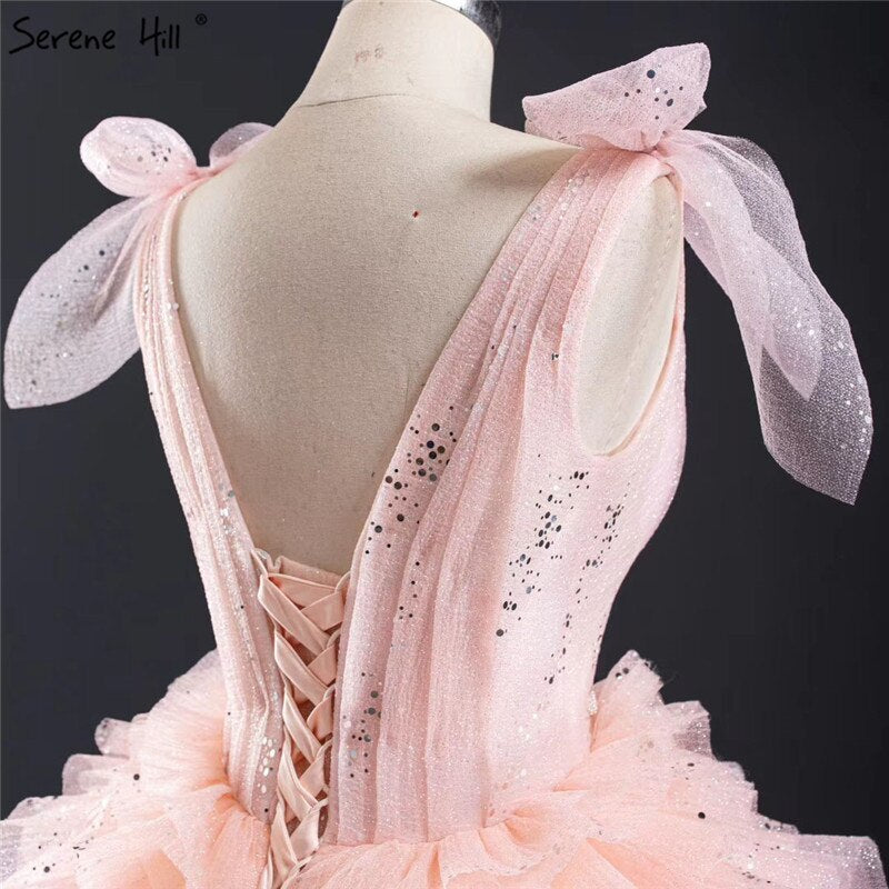 Pink Sleeveless Bow Tiered Sexy Wedding Dresses 2025 Sequined Sparkle Lace Up Bridal Gowns HM67033 Custom Made - SERENE HILL