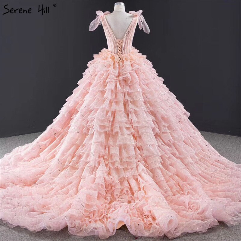 Pink Sleeveless Bow Tiered Sexy Wedding Dresses 2025 Sequined Sparkle Lace Up Bridal Gowns HM67033 Custom Made - SERENE HILL