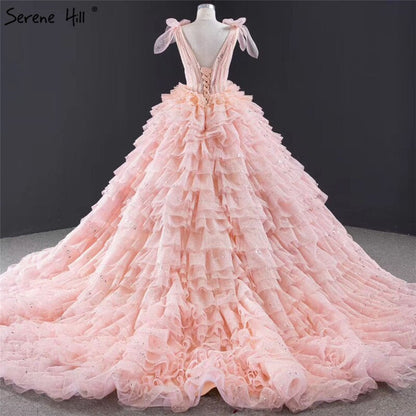 Pink Sleeveless Bow Tiered Sexy Wedding Dresses 2025 Sequined Sparkle Lace Up Bridal Gowns HM67033 Custom Made - SERENE HILL