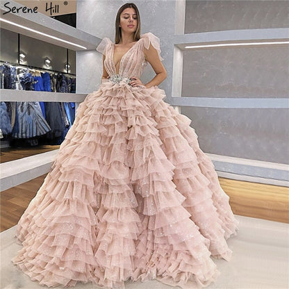 Pink Sleeveless Bow Tiered Sexy Wedding Dresses 2025 Sequined Sparkle Lace Up Bridal Gowns HM67033 Custom Made - SERENE HILL