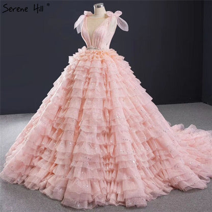 Pink Sleeveless Bow Tiered Sexy Wedding Dresses 2025 Sequined Sparkle Lace Up Bridal Gowns HM67033 Custom Made - SERENE HILL