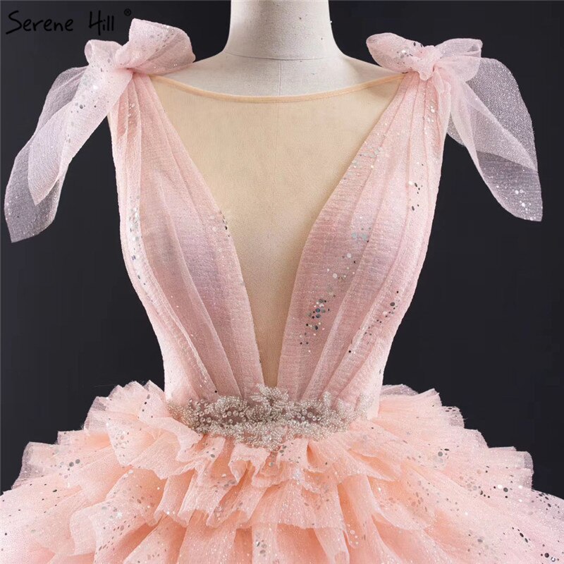 Pink Sleeveless Bow Tiered Sexy Wedding Dresses 2025 Sequined Sparkle Lace Up Bridal Gowns HM67033 Custom Made - SERENE HILL
