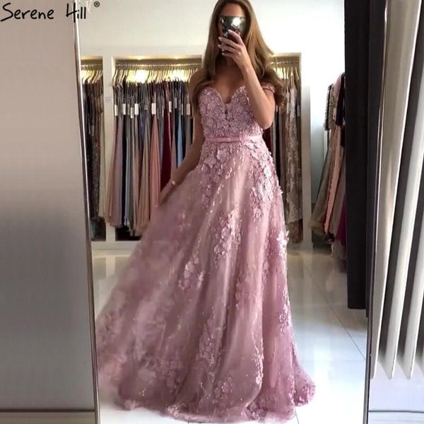 On Sale no return no refund Sale Pink Sweetheart Sexy A-Line Evening Dresses 2025 Lace Flower Pearl Off Shoulder Evening Gowns Serene Hill LA70180