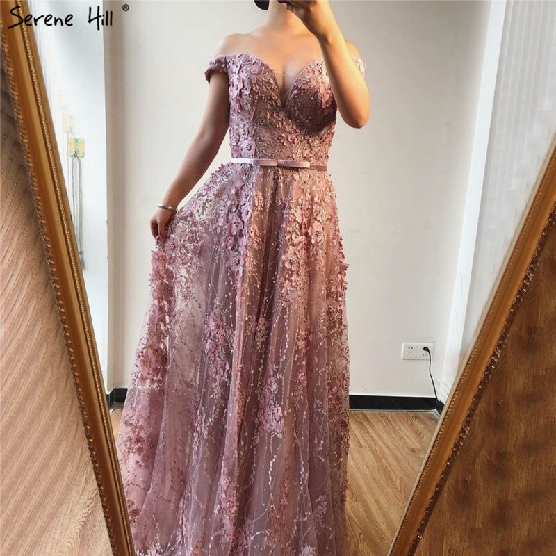 On Sale no return no refund Sale Pink Sweetheart Sexy A-Line Evening Dresses 2025 Lace Flower Pearl Off Shoulder Evening Gowns Serene Hill LA70180 - SERENE HILL