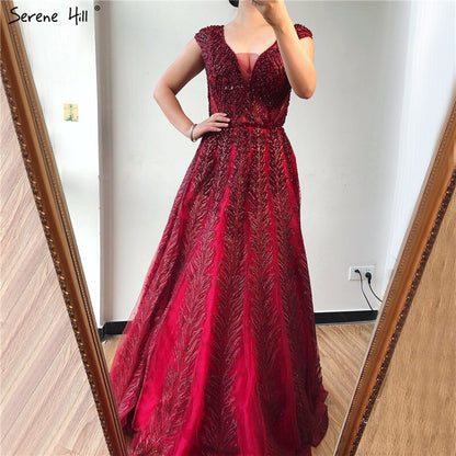 Pink V-Neck Evening Dresses Long 2025 Lace Beading Crystal Sleeveless A-Line Evening Gowns Serene Hill LA70225 - SERENE HILL