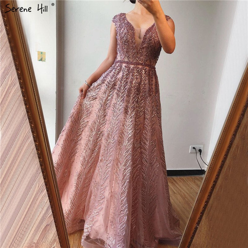 Pink V-Neck Evening Dresses Long 2025 Lace Beading Crystal Sleeveless A-Line Evening Gowns Serene Hill LA70225 - SERENE HILL