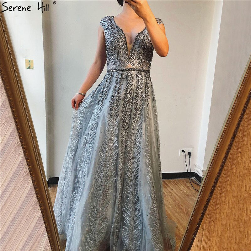 Pink V-Neck Evening Dresses Long 2025 Lace Beading Crystal Sleeveless A-Line Evening Gowns Serene Hill LA70225 - SERENE HILL
