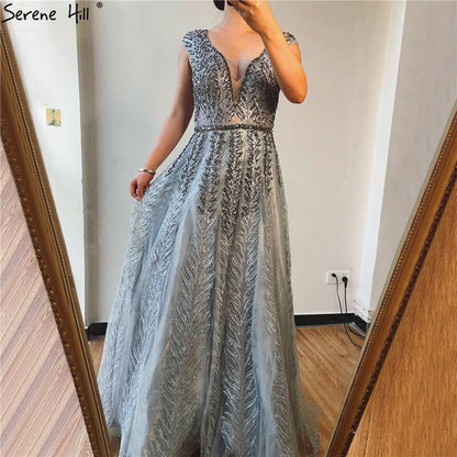 Pink V-Neck Evening Dresses Long 2025 Lace Beading Crystal Sleeveless A-Line Evening Gowns Serene Hill LA70225 - SERENE HILL